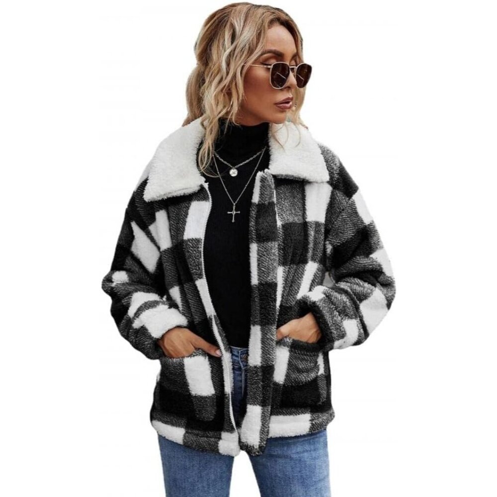 〽️Women's Classic Black White Plaid Fleece Oversized Outwear Coat Warm Jacket